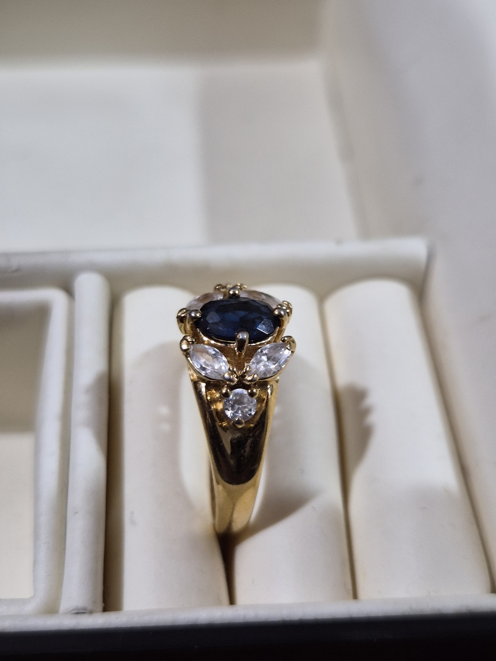 Vintage Gold Signed Ring with Deep Blue Center and Clear Accents